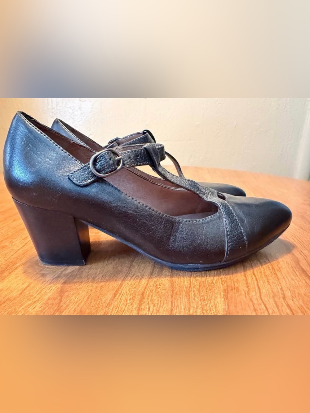 Classic Black T-Strap Mid Block Heel Pumps